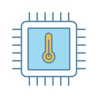 Processor temperature color icon. Core temp. CPU overheating. Chip, microchip, chipset. Heating central processing unit. Integrated circuit with thermometer. Isolated vector illustration