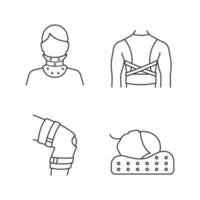 Trauma treatment linear icons set. Cervical collar, posture corrector, knee brace, orthopedic pillow. Thin line contour symbols. Isolated vector outline illustrations. Editable stroke