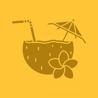 Beach cocktail glyph color icon. Silhouette symbol. Pina colada cocktail with straw, umbrella and plumeria flower. Negative space. Vector isolated illustration