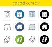 Soccer player's uniform icons set. Flat design, linear, black and color styles. Shirt, shorts and boots. Isolated vector illustrations
