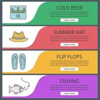Summer web banner templates set. Cold beer, homburg hat, flip flops, fishing. Website color menu items. Vector headers design concepts