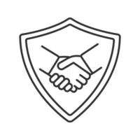 Safe bargain linear icon. Thin line illustration. Protection shield with handshake contour symbol. Vector isolated outline drawing