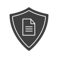 Personal document security glyph icon. Silhouette symbol. Protection shield with private document. Negative space. Vector isolated illustration