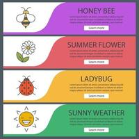 Summer web banner templates set. Honey bee, camomile, ladybug, sun. Website color menu items. Vector headers design concepts