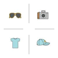 conjunto de iconos de colores de artículos de verano. gafas de sol, cámara de fotos, camiseta, gorra. ilustraciones vectoriales aisladas vector