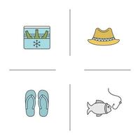 Summer recreation items color icons set. Portable fridge with beer, homburg hat, flip flops, fishing. Isolated vector illustrations