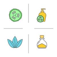 Spa salon color icons set. Cucumber slice and lotion container, salt bottle, loose leaves. Isolated vector illustrations