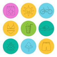 Summer linear icons set. Calendar, sun, bike, swimsuit and beach hat, lemonade, ladybug, watermelon on stick, swimming trunks. Thin line contour symbols on color circles. Vector illustrations