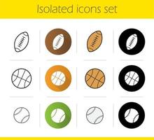 Conjunto de iconos de balones deportivos. diseño plano, estilos lineales, negros y de color. pelotas de fútbol americano, béisbol y baloncesto. ilustraciones vectoriales aisladas vector