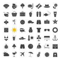 Summer glyph icons set. Vacation and travel silhouette symbols. Summer season pastime. Sailing, fishing, sunbathing, cycling, swimming, beach rest. Vector isolated illustration