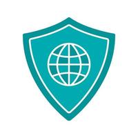 Network security glyph color icon. Protection shield with globe model. Silhouette symbol on white background. Negative space. Vector illustration