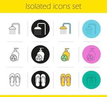 Spa salon icons set. Linear, black and color styles. Cucumber facial mask, flip flops, shower. Isolated vector illustrations