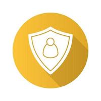 User security flat design long shadow icon. Protection shield with man figure. Vector silhouette symbol