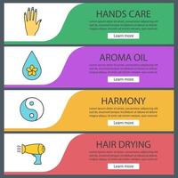 Spa salon web banner templates set. Woman's hand, aromatherapy oil drop, yin yang, hair dryer. Website color menu items. Vector headers design concepts