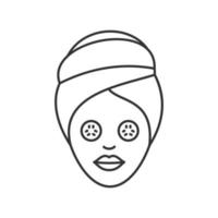 Spa procedure linear icon. Thin line illustration. Woman with cucumber facial mask. Contour symbol. Vector isolated outline drawing