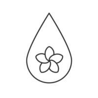 Aromatherapy oil drop linear icon. Thin line illustration. Spa salon oil drop with plumeria flower inside. Contour symbol. Vector isolated outline drawing