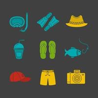 Summer glyph color icon set. Aqualung, flippers, homburg, drink, flip flops, fishing, cap, swimming trunks, photo camera. Silhouette symbols on black backgrounds. Negative space. Vector illustrations