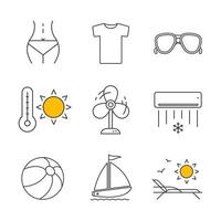 Summer linear icons set. Woman's body, t-shirt, sunglasses, summer heat, fan, air conditioner, beach ball, sunbed, sailboat. Thin line contour symbols. Isolated vector illustrations