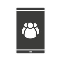 Smartphone contacts glyph icon. Silhouette symbol. Smart phone with group of people. Negative space. Vector isolated illustration