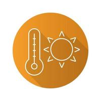 Summer heat flat linear long shadow icon. Rising sun with thermometer. Summer weather. Vector line symbol