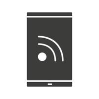 Smartphone rss feed glyph icon. Silhouette symbol. Negative space. Vector isolated illustration