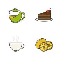Tea color icons set. Piece of cake on plate, steaming cup, cutted lemon, brewing teapot infuser. Isolated vector illustrations
