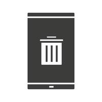 Smartphone data delete glyph icon. Silhouette symbol. Smart phone with trash. Negative space. Vector isolated illustration