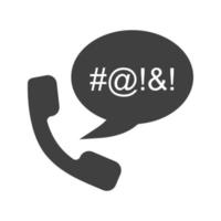 Offensive phone talk glyph icon. Cursing. Silhouette symbol. Chat box with censored swearing words and handset. Negative space. Vector isolated illustration