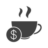 Buy cup of tea glyph icon. Silhouette symbol. Hot steaming mug with dollar sign. Negative space. Vector isolated illustration