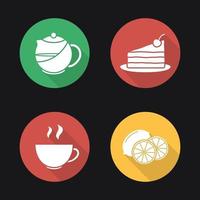 conjunto de iconos de larga sombra de diseño plano de té. pedazo de pastel en un plato, taza humeante, limón cortado, infusor de tetera de infusión. ilustración de silueta de vector