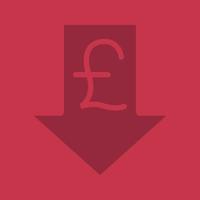 Pound rate falling glyph color icon. Silhouette symbol. Great Britain pound with down arrow. Negative space. Vector isolated illustration