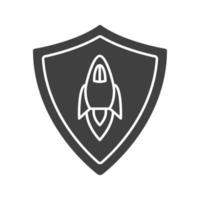 Startup projects protection glyph icon. Silhouette symbol. Security shield with spaceship. Negative space. Vector isolated illustration