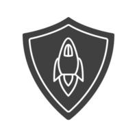 Startup projects protection glyph icon. Silhouette symbol. Security shield with spaceship. Negative space. Vector isolated illustration