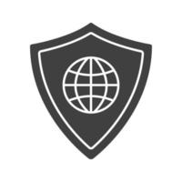 Network security glyph icon. Antivirus program silhouette symbol. Globe model inside protection shield. Negative space. Vector isolated illustration