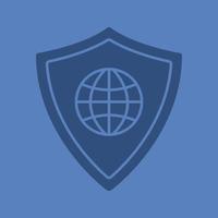 Network security glyph color icon. Silhouette symbol. Protection shield with globe model. Negative space. Vector isolated illustration