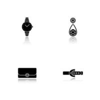 Women's accessories drop shadow black icons set. Wristwatch, earring, clutch, leather belt. Isolated vector illustrations