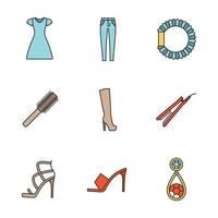 Women's accessories color icons set. Sun frock, skinny jeans, hair scrunchy, straightener and brush, high heel boot and shoes, earring. Isolated vector illustrations