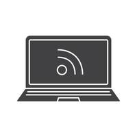 Laptop rss feed glyph icon. Silhouette symbol. Negative space. Vector isolated illustration