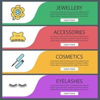 Women's accessories web banner templates set. False eyelashes, brooch, lip gloss, claw hair clip. Website color menu items. Vector headers design concepts