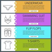 Woman's clothes web banner templates set. Panties, swimsuit, flip flops, t-shirt. Website color menu items with linear icons. Vector headers design concepts