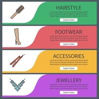 Women's accessories banner templates set. Hair brush and straightener, high shoe, necklace. Website menu items. Color web banner. Vector headers design concepts