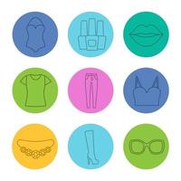 Women's accessories linear icons set. Swimsuit, nail polish bottles, lips, t-shirt, skinny jeans, top, necklace, high shoe, sunglasses. Thin line contour symbols on color circles. Vector illustrations