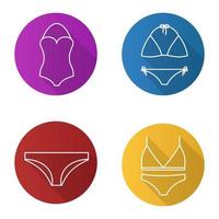 Women's underwear flat linear long shadow icons set. Swimsuits, bra and panties. Vector line illustration