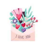 Valentine's day concept with envelope, hearts, flowers and the inscription I love you. Vector hand drawn greeting flower illustration