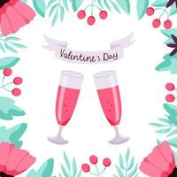 Valentine's day concept with glasses of wine and lettering in a floral frame. Vector hand drawn illustration