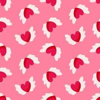 Seamless pattern with red hearts and wings on a pink background. Vector endless texture for Valentine's Day