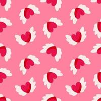 Seamless pattern with red hearts and wings on a pink background. Vector endless texture for Valentine's Day