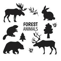 Siluetas de animales del bosque salvaje, conjunto de elementos blanco aislado. Conjunto de iconos de diseño de gráficos de base vector