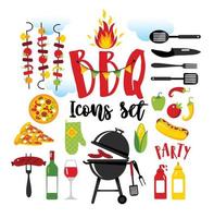BBQ party set icons on white background with symbols of street food. vector