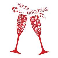 Holiday christmas background with two glasses of wine, new year icon in red glasess. Vector christmas design card.